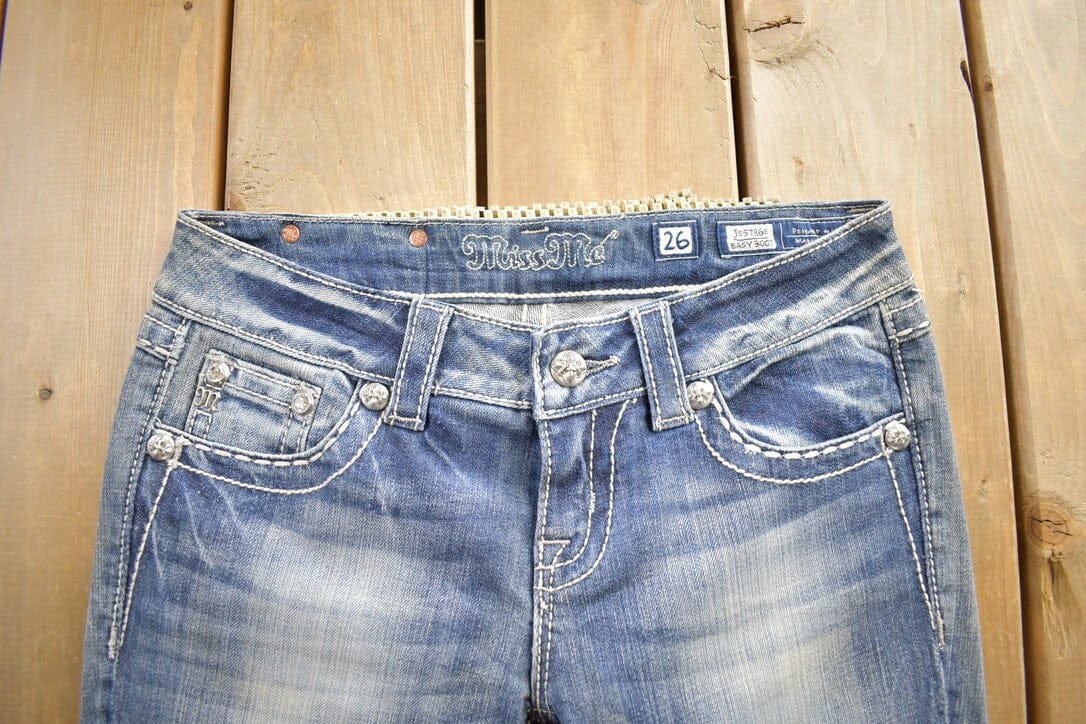 Vintage Y2K Miss Me Bedazzled Embroidered Boot Cut Low Rise Jeans Size 26x33 from propervintagecanada