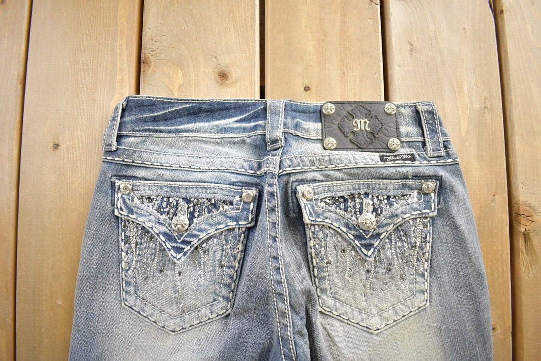 Vintage Y2K Miss Me Bedazzled Embroidered Boot Cut Low Rise Jeans Size 26x33 from propervintagecanada