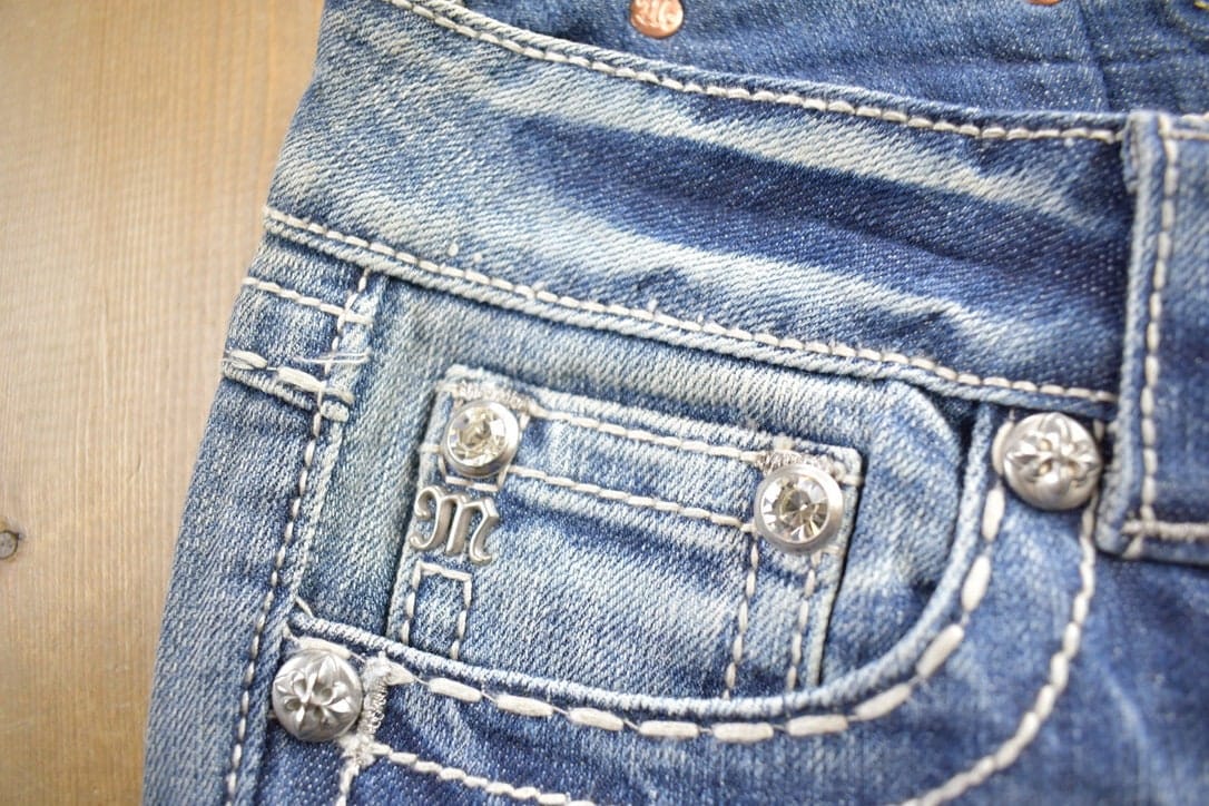 Vintage Y2K Miss Me Bedazzled Embroidered Boot Cut Low Rise Jeans Size 26x33 from propervintagecanada