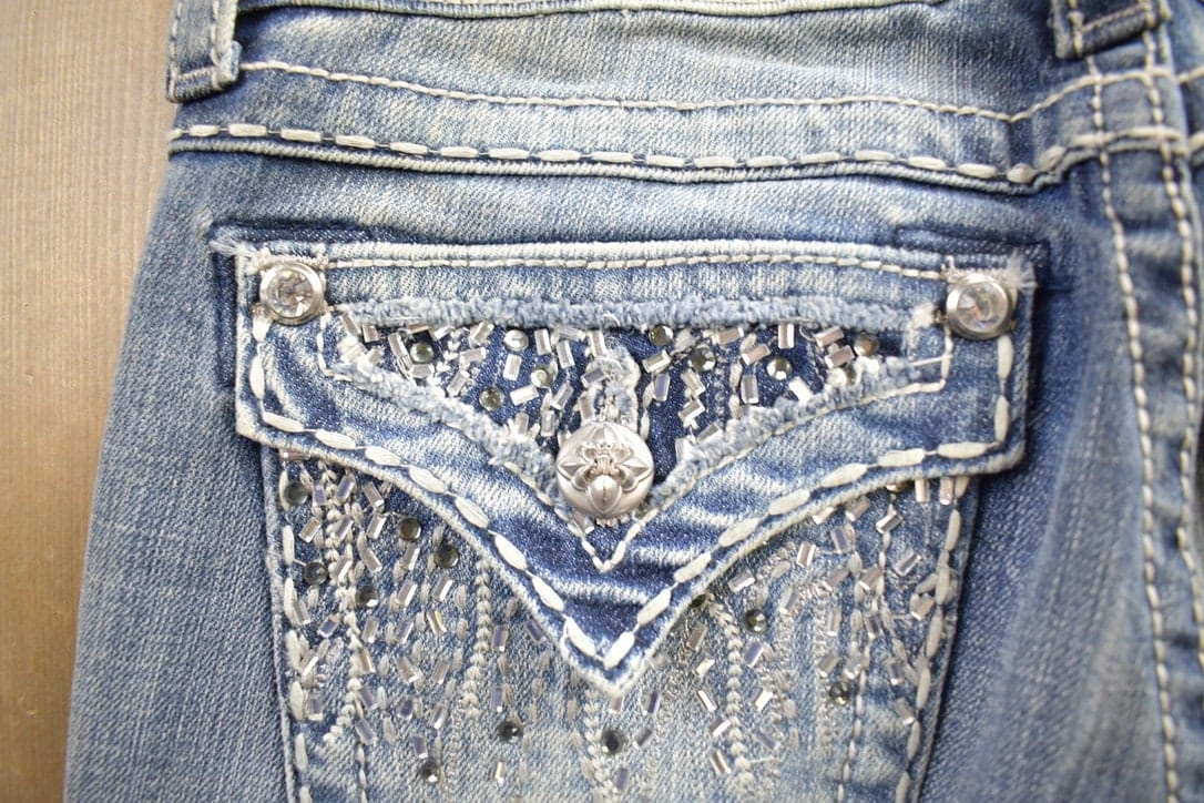 Vintage Y2K Miss Me Bedazzled Embroidered Boot Cut Low Rise Jeans Size 26x33 from propervintagecanada