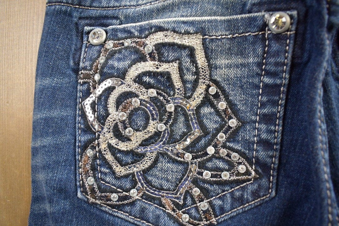 Vintage Y2K Miss Me Bedazzled Embroidered Boot Cut Low Rise Jeans Size 26x33 from propervintagecanada