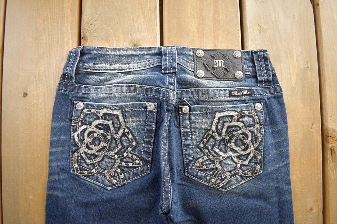 Vintage Y2K Miss Me Bedazzled Embroidered Boot Cut Low Rise Jeans Size 26x33 from propervintagecanada