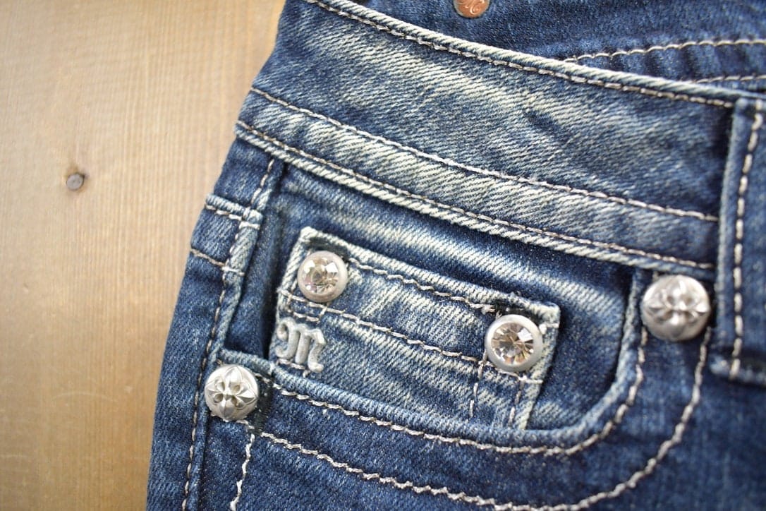 Vintage Y2K Miss Me Bedazzled Embroidered Boot Cut Low Rise Jeans Size 26x33 from propervintagecanada