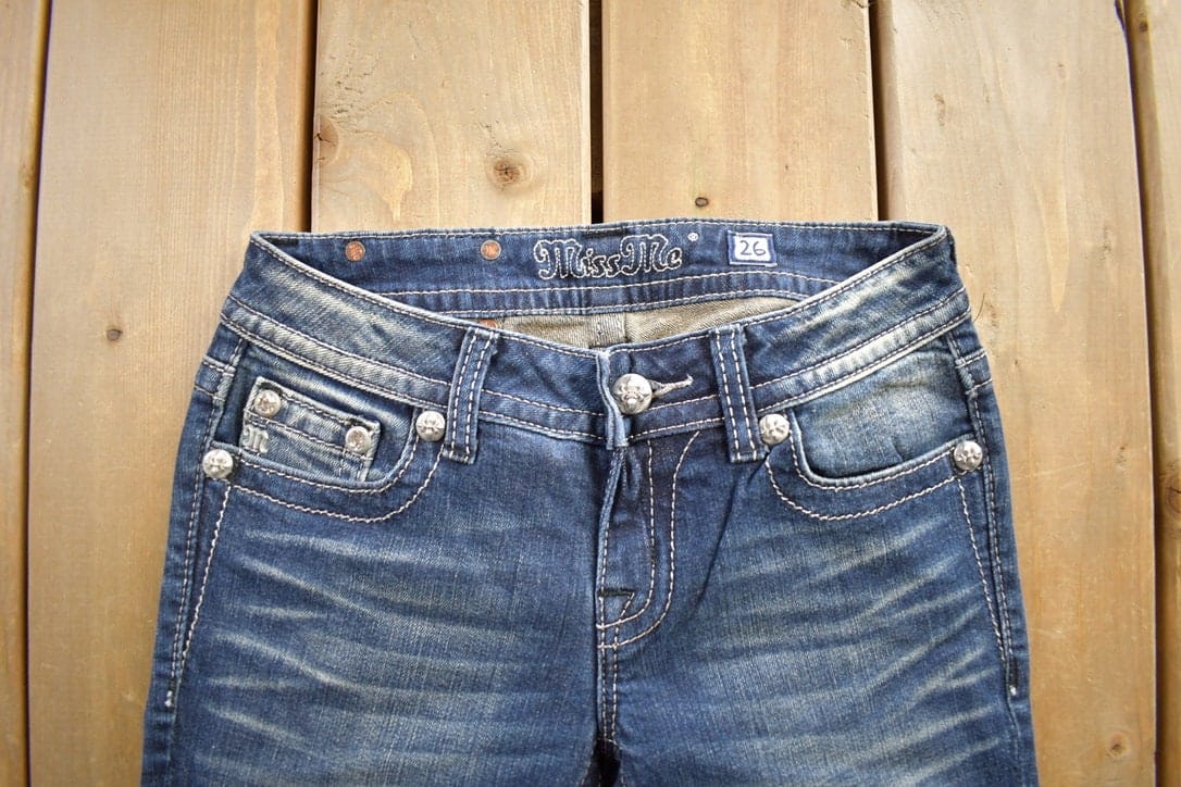 Vintage Y2K Miss Me Bedazzled Embroidered Boot Cut Low Rise Jeans Women's 26 x 33 from propervintagecanada