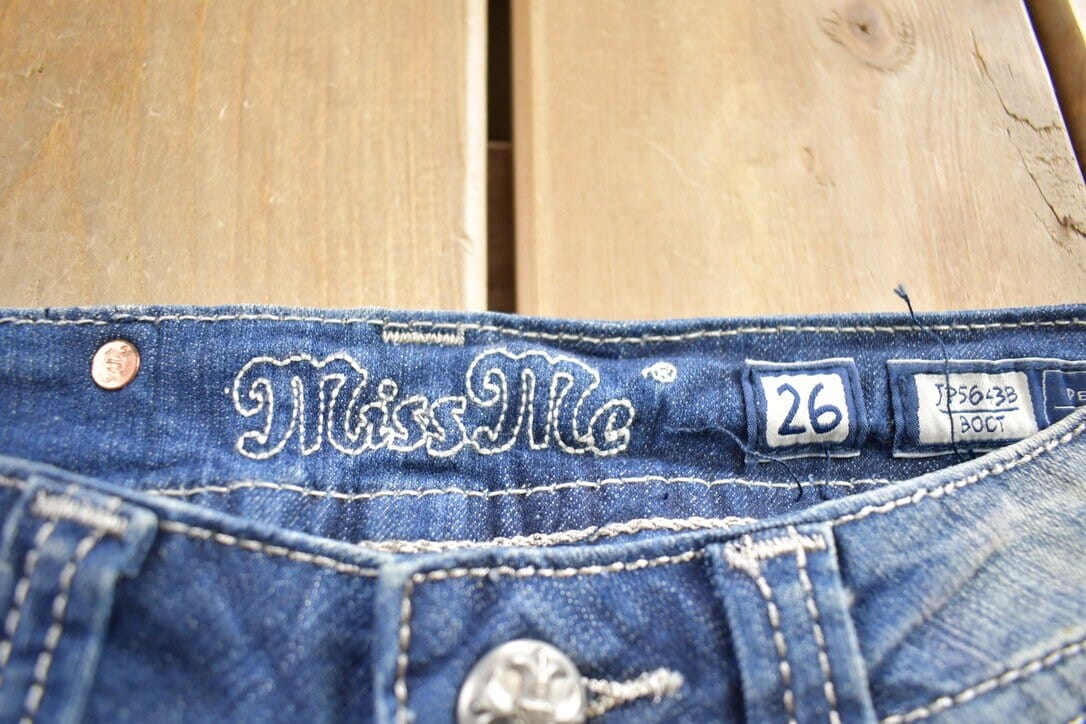 Vintage Y2K Miss Me Bedazzled Embroidered Boot Cut Low Rise Jeans Women's 26 x 33 from propervintagecanada