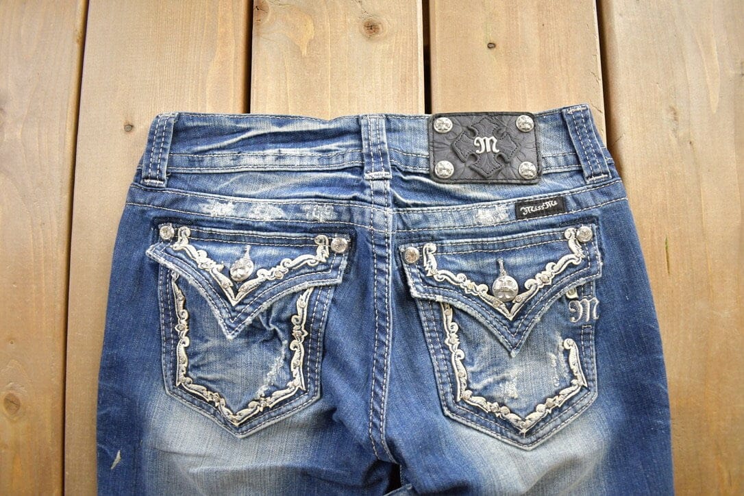 Vintage Y2K Miss Me Bedazzled Embroidered Boot Cut Low Rise Jeans Women's 26 x 33 from propervintagecanada