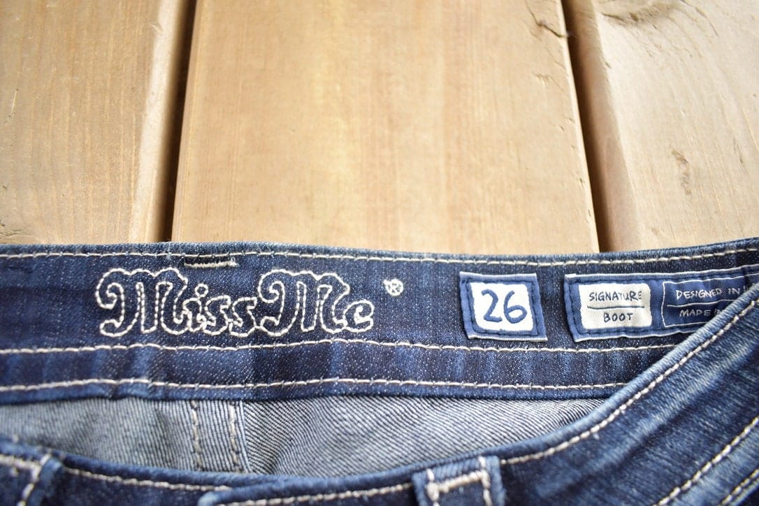 Vintage Y2K Miss Me Bedazzled Embroidered Dark Wash Boot Cut Low Rise Jeans Women's 26 x 33 from propervintagecanada