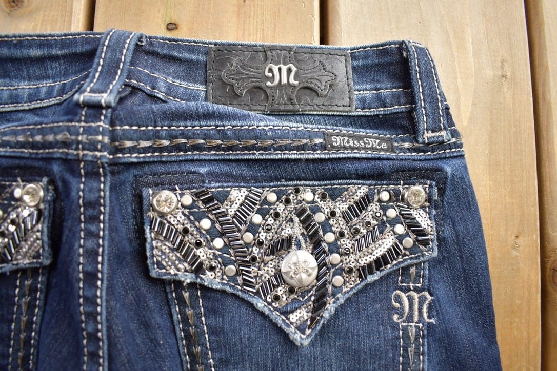 Vintage Y2K Miss Me Bedazzled Embroidered Dark Wash Boot Cut Low Rise Jeans Women's 26 x 33 from propervintagecanada