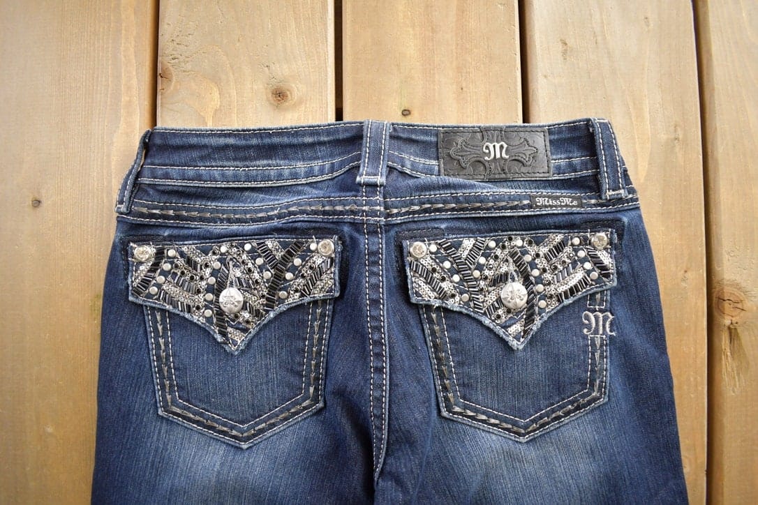 Vintage Y2K Miss Me Bedazzled Embroidered Dark Wash Boot Cut Low Rise Jeans Women's 26 x 33 from propervintagecanada