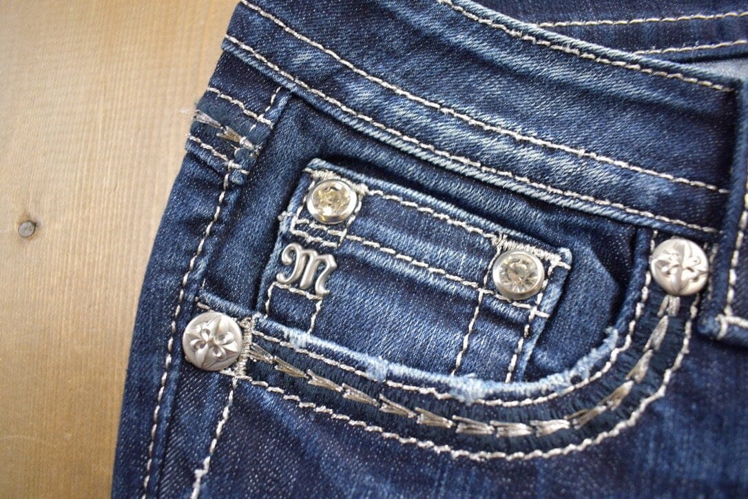 Vintage Y2K Miss Me Bedazzled Embroidered Dark Wash Boot Cut Low Rise Jeans Women's 26 x 33 from propervintagecanada