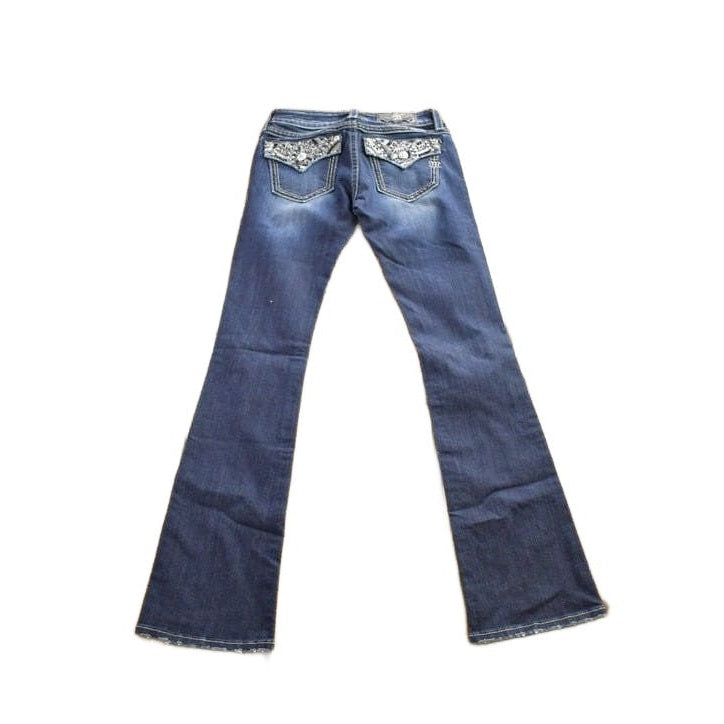 Vintage Y2K Miss Me Bedazzled Embroidered Dark Wash Boot Cut Low Rise Jeans Women's 26 x 33 from propervintagecanada