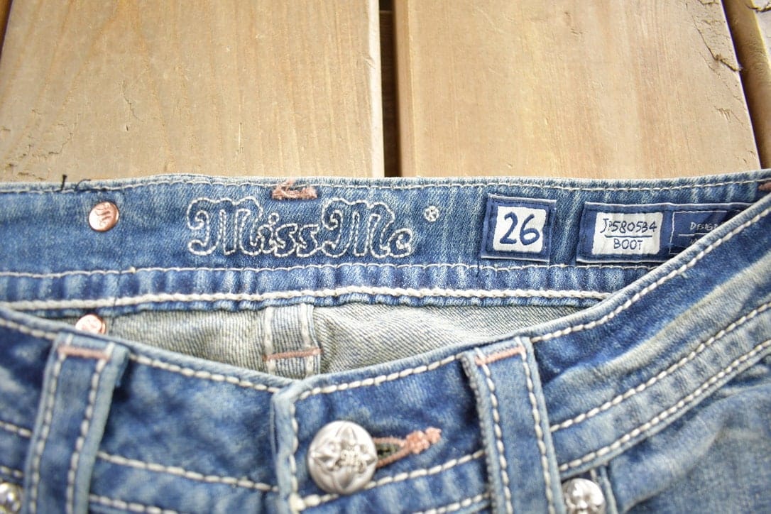 Vintage Y2K Miss Me Bedazzled Embroidered Faded Boot Cut Low Rise Jeans Women's 26 x 33 from propervintagecanada