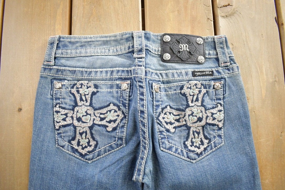 Vintage Y2K Miss Me Bedazzled Embroidered Faded Boot Cut Low Rise Jeans Women's 26 x 33 from propervintagecanada
