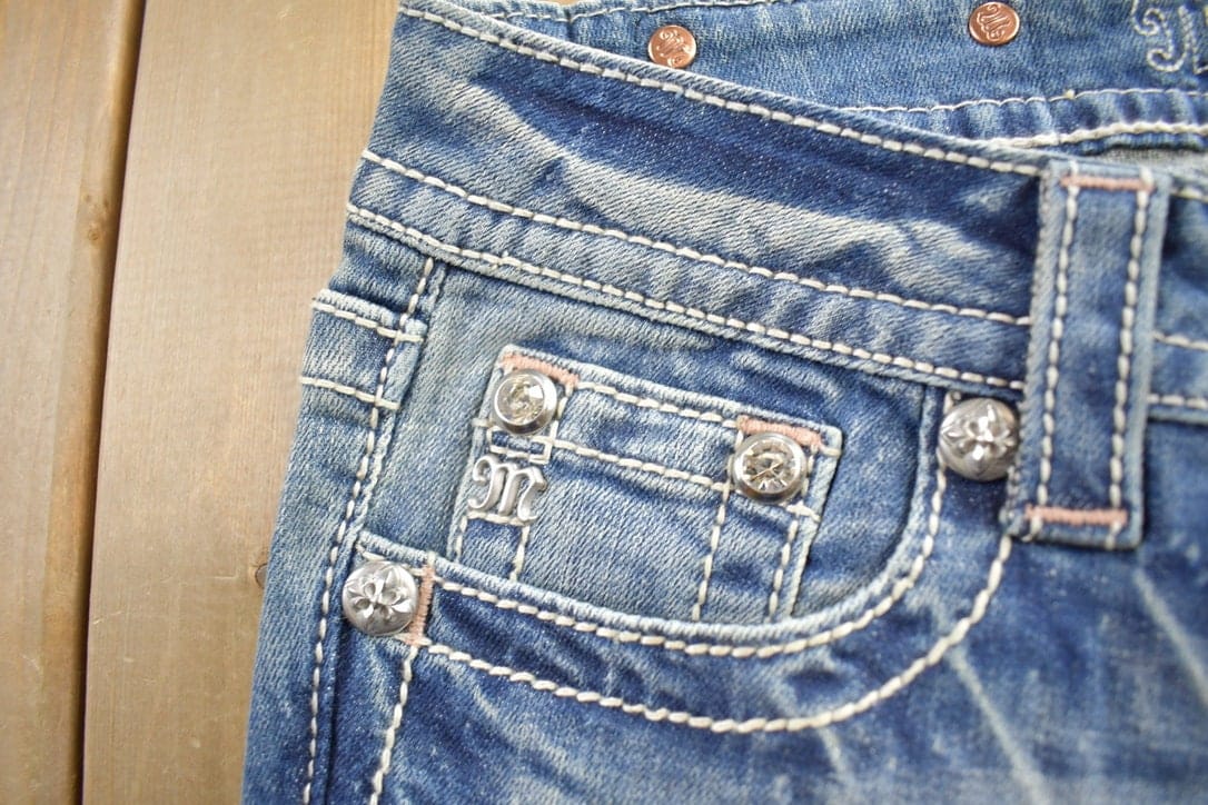 Vintage Y2K Miss Me Bedazzled Embroidered Faded Boot Cut Low Rise Jeans Women's 26 x 33 from propervintagecanada