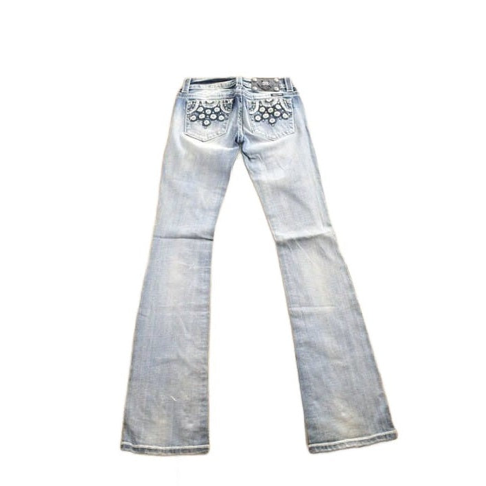Vintage Y2K Miss Me Bedazzled Embroidered Faded Low Rise Boot Cut Low Rise Jeans Size 26x33 from propervintagecanada