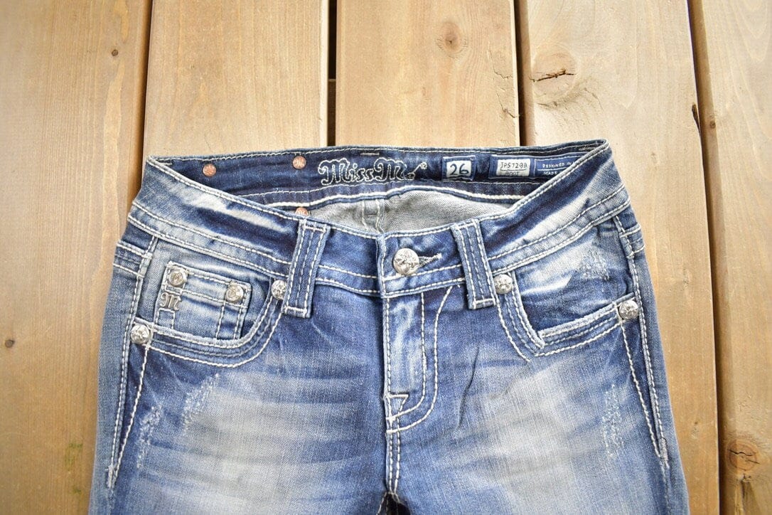 Vintage Y2K Miss Me Bedazzled Embroidered Faded Low Rise Boot Cut Low Rise Jeans Women's 26 x 33 from propervintagecanada