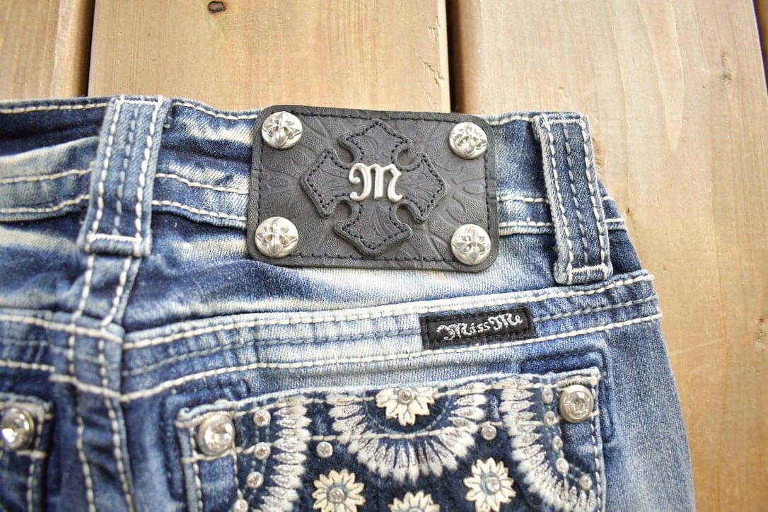 Vintage Y2K Miss Me Bedazzled Embroidered Faded Low Rise Boot Cut Low Rise Jeans Women's 26 x 33 from propervintagecanada