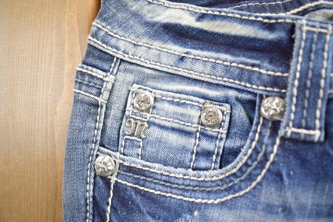 Vintage Y2K Miss Me Bedazzled Embroidered Faded Low Rise Boot Cut Low Rise Jeans Women's 26 x 33 from propervintagecanada