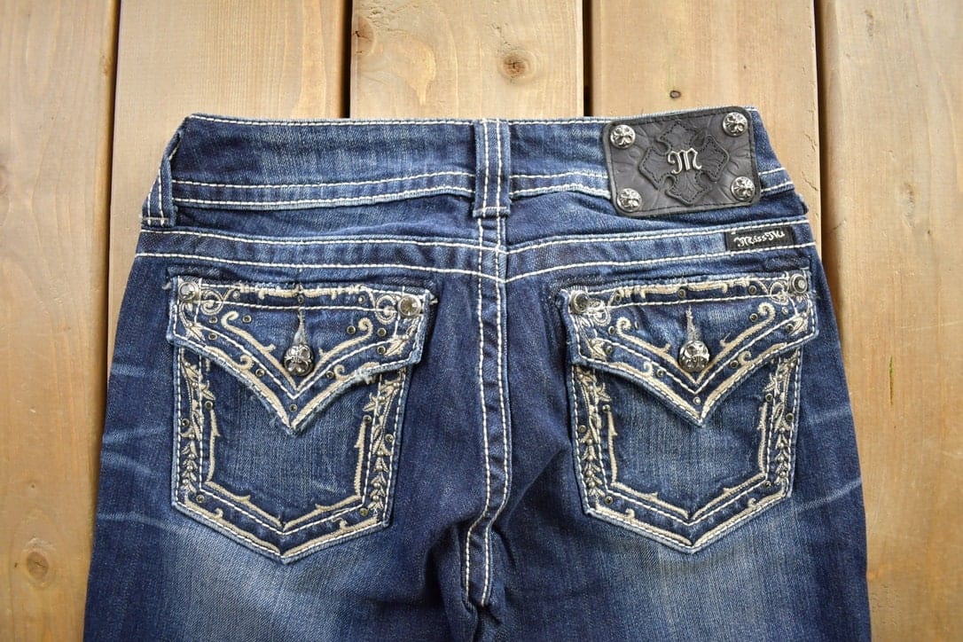 Vintage Y2K Miss Me Bedazzled Embroidered Low Rise Boot Cut Low Rise Jeans Women's 26 x 33 from propervintagecanada
