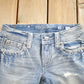 Vintage Y2K Miss Me Bedazzled Embroidered Thrashed Low Rise Boot Cut Low Rise Jeans Size 26x33 from propervintagecanada