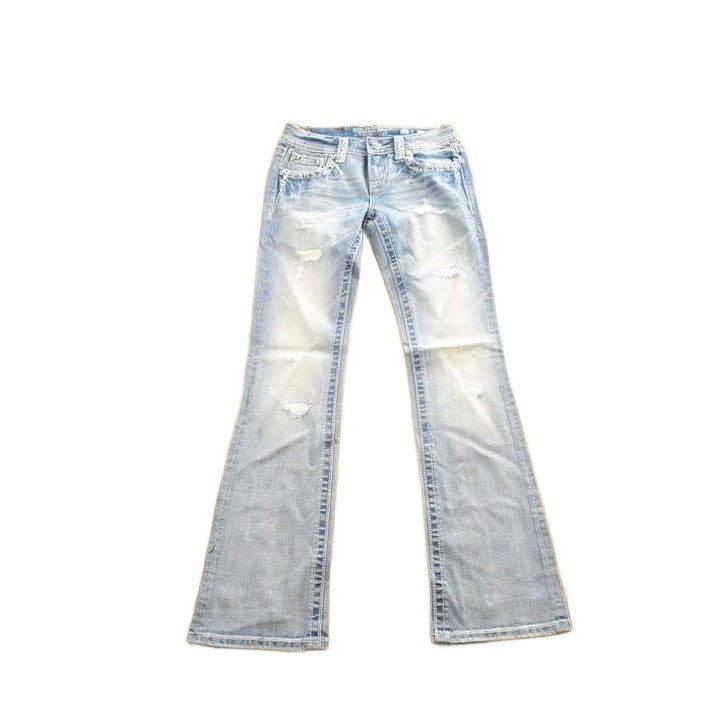 Vintage Y2K Miss Me Bedazzled Embroidered Thrashed Low Rise Boot Cut Low Rise Jeans Size 26x33 from propervintagecanada