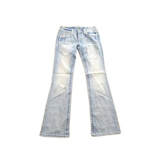 Vintage Y2K Miss Me Bedazzled Embroidered Thrashed Low Rise Boot Cut Low Rise Jeans Size 26x33 from propervintagecanada