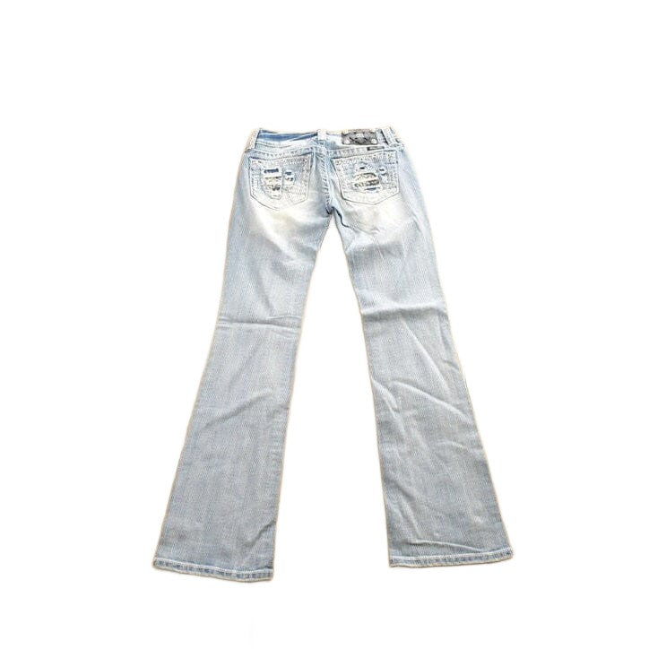 Vintage Y2K Miss Me Bedazzled Embroidered Thrashed Low Rise Boot Cut Low Rise Jeans Size 26x33 from propervintagecanada