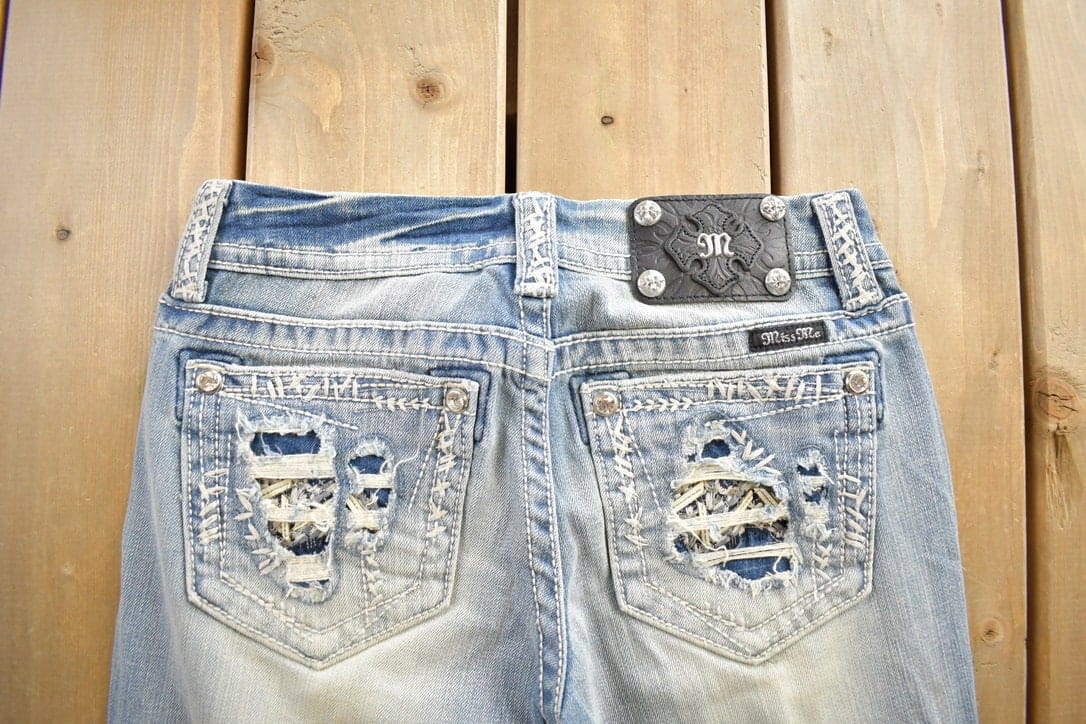 Vintage Y2K Miss Me Bedazzled Embroidered Thrashed Low Rise Boot Cut Low Rise Jeans Women's 26 x 33 from propervintagecanada
