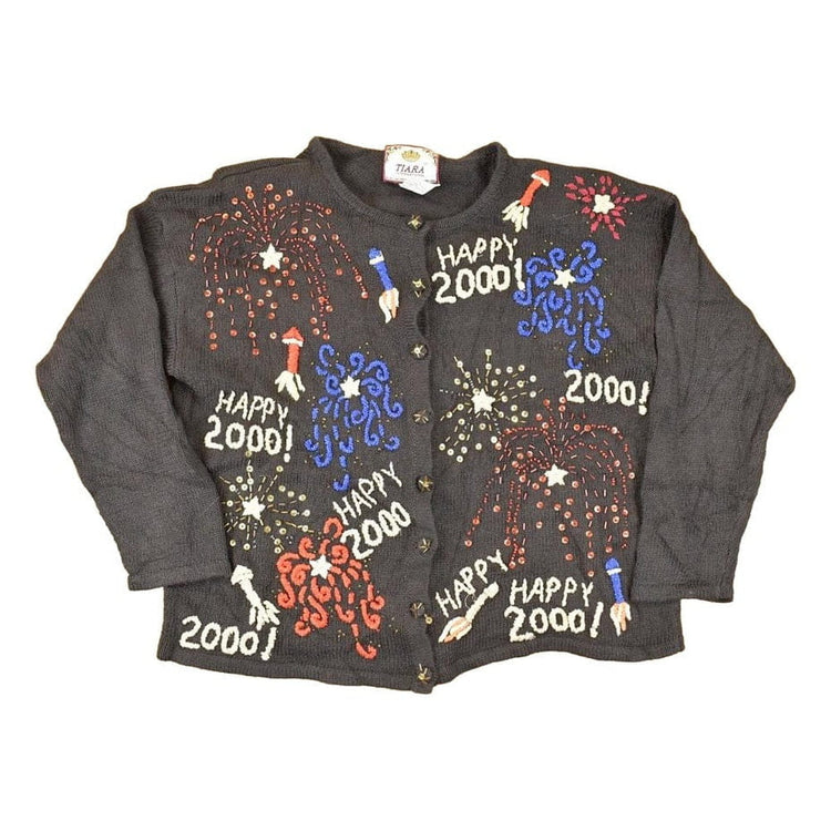 Vintage Y2K New Year Heavy Embroidered Abstract Knit Cardigan Sweater Women's L from propervintagecanada