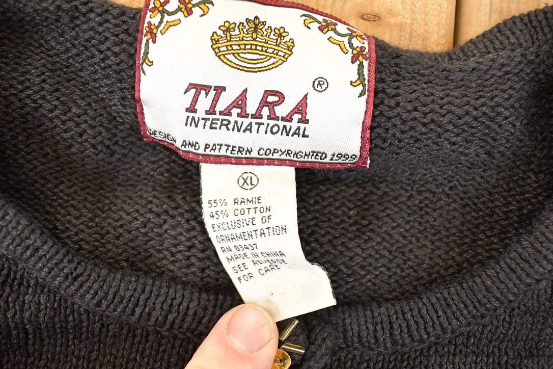 Vintage Y2K New Year Heavy Embroidered Abstract Knit Cardigan Sweater Women's L from propervintagecanada