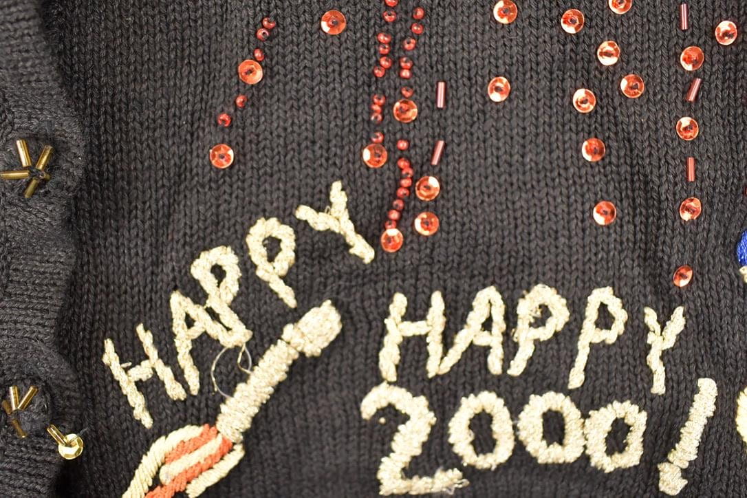 Vintage Y2K New Year Heavy Embroidered Abstract Knit Cardigan Sweater Women's L from propervintagecanada