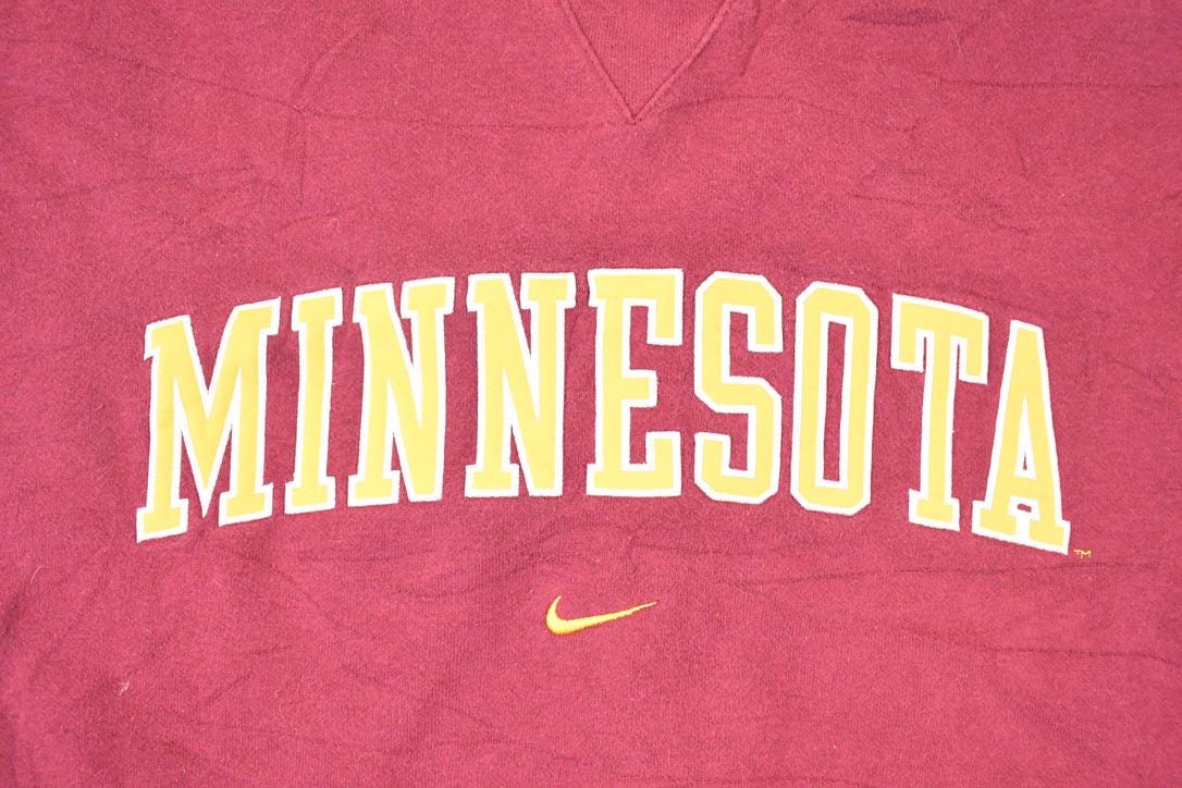 Vintage Y2K Nike Minnesota University Embroidered Swoosh Crewneck Sweater Mens XXL from propervintagecanada