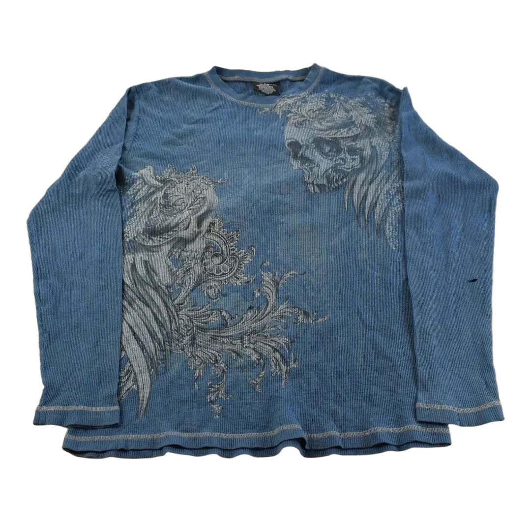 Vintage Y2K No Boundaries Goth Skull Thermal Knit Long Sleeve Shirt Men's Large from propervintagecanada