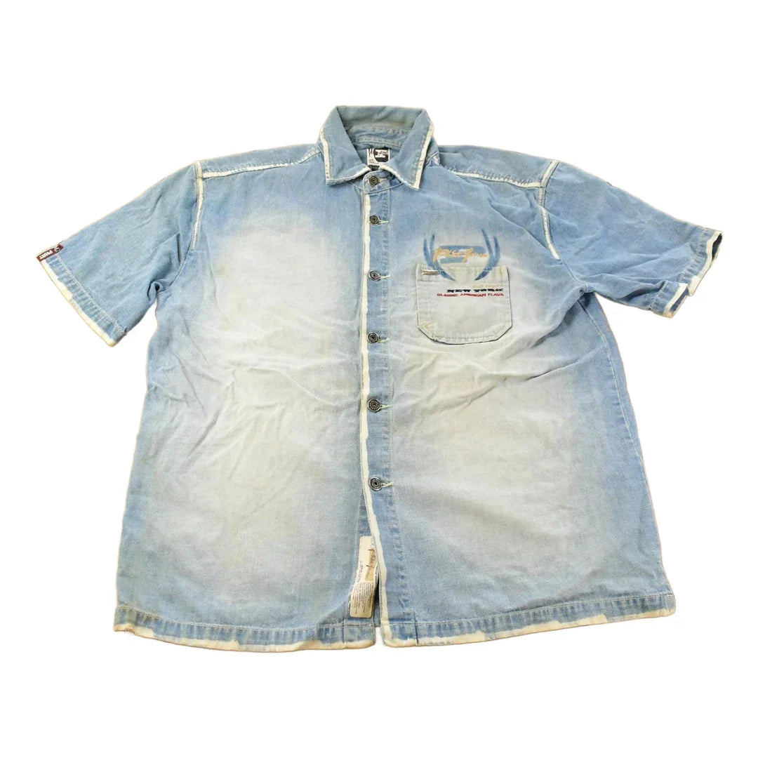 Vintage Y2K Phat Farm Denim Short Sleeve Button Up Shirt Men's XL / Vintage Hip Hop / Embroidered from propervintagecanada