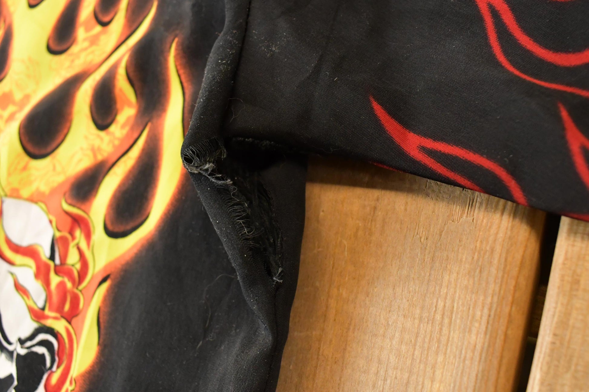 Vintage Y2K Rockhouse Roadhouse Flaming Skulls AOP Thrashed Button Up Shirt Men's XL from propervintagecanada