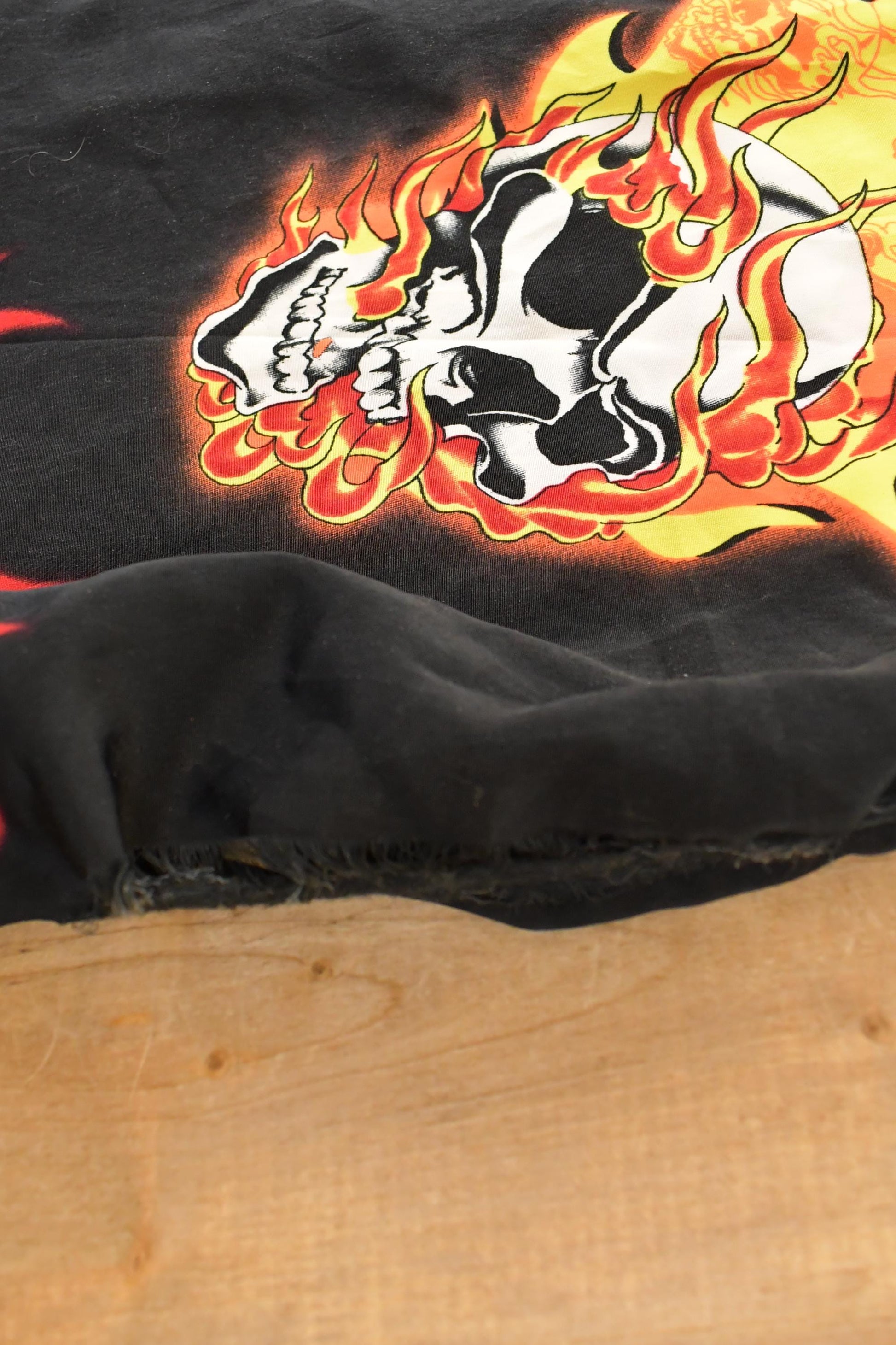 Vintage Y2K Rockhouse Roadhouse Flaming Skulls AOP Thrashed Button Up Shirt Men's XL from propervintagecanada