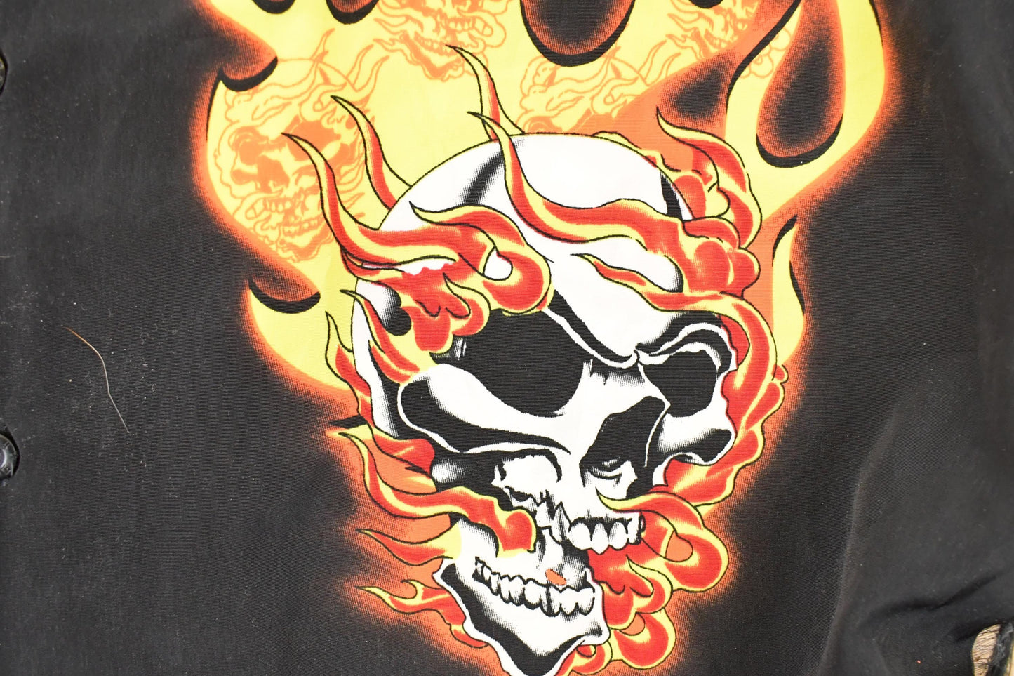 Vintage Y2K Rockhouse Roadhouse Flaming Skulls AOP Thrashed Button Up Shirt Men's XL from propervintagecanada