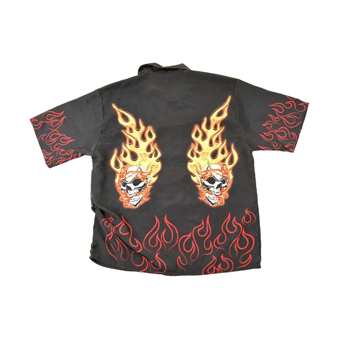 Vintage Y2K Rockhouse Roadhouse Flaming Skulls AOP Thrashed Button Up Shirt Men's XL from propervintagecanada