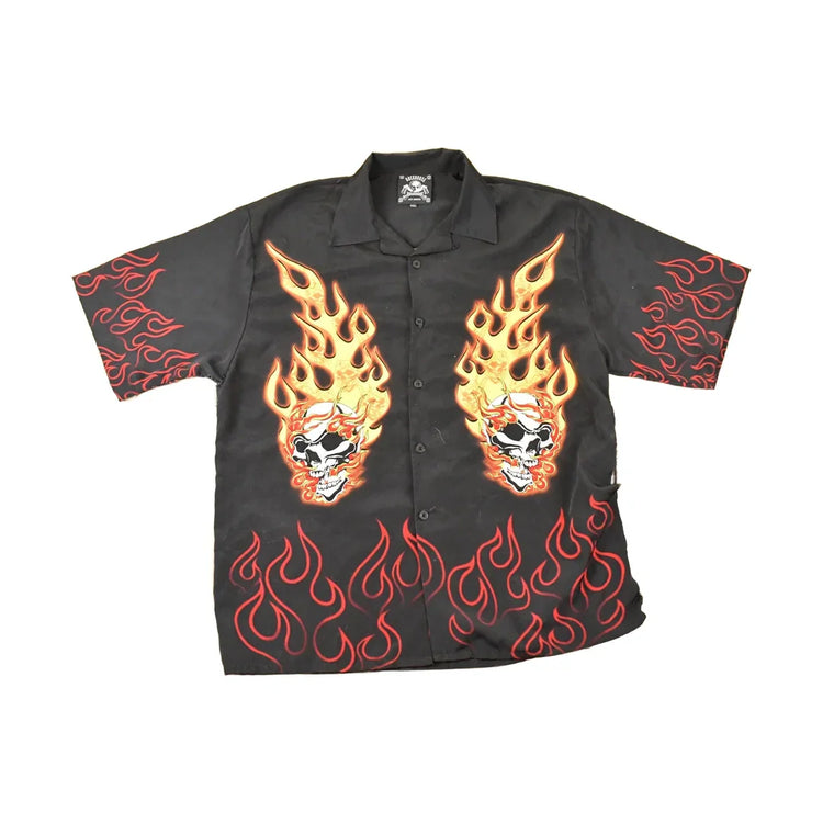 Vintage Y2K Rockhouse Roadhouse Flaming Skulls AOP Thrashed Button Up Shirt Men's XL from propervintagecanada