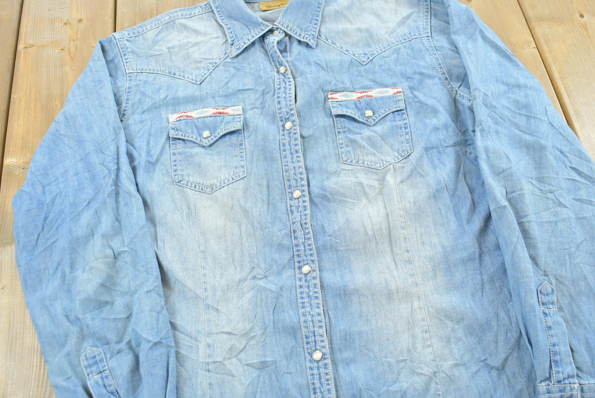 Vintage Y2K Wrangler Denim Button Up Cowboy Shirt Women's XL from propervintagecanada